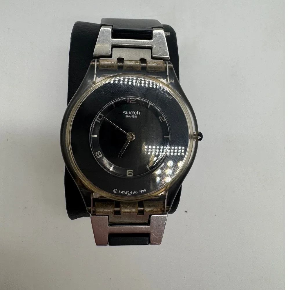 Swatch Skin 1999 Vintage Ultra Thin Watch Black Dial Silver Steel Rubber Strap‎